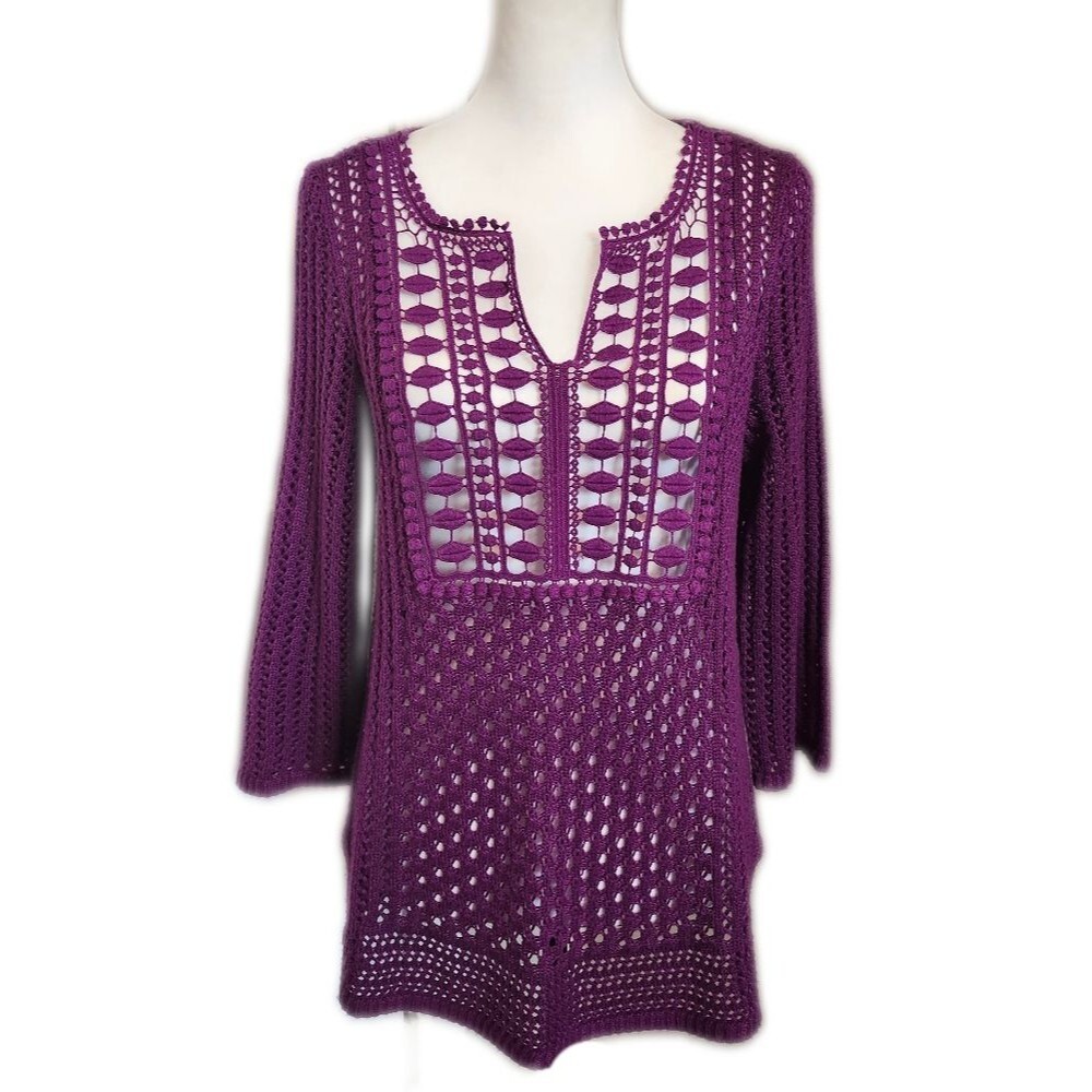 Chico's open knit v-neck tunic length purple sweater, Chico's size 1 (US 8)